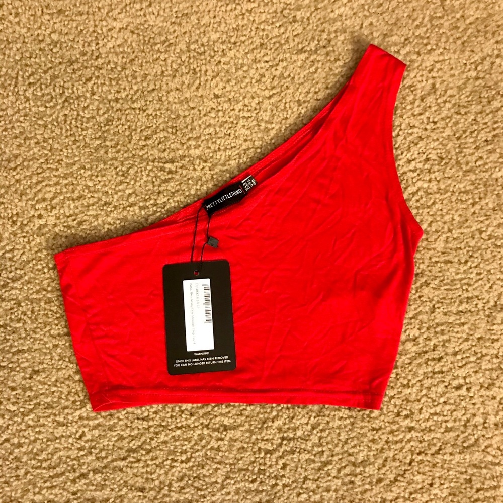 Red cropped one shoulder top from PLT. New w/ tags